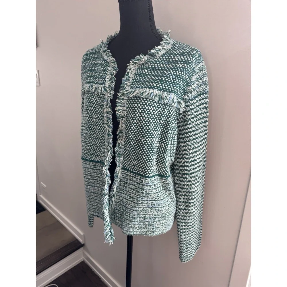 Chicos Structured Tweed Cardigan Blazer‎ size 1 Medium Blue Fringe Wool Blend